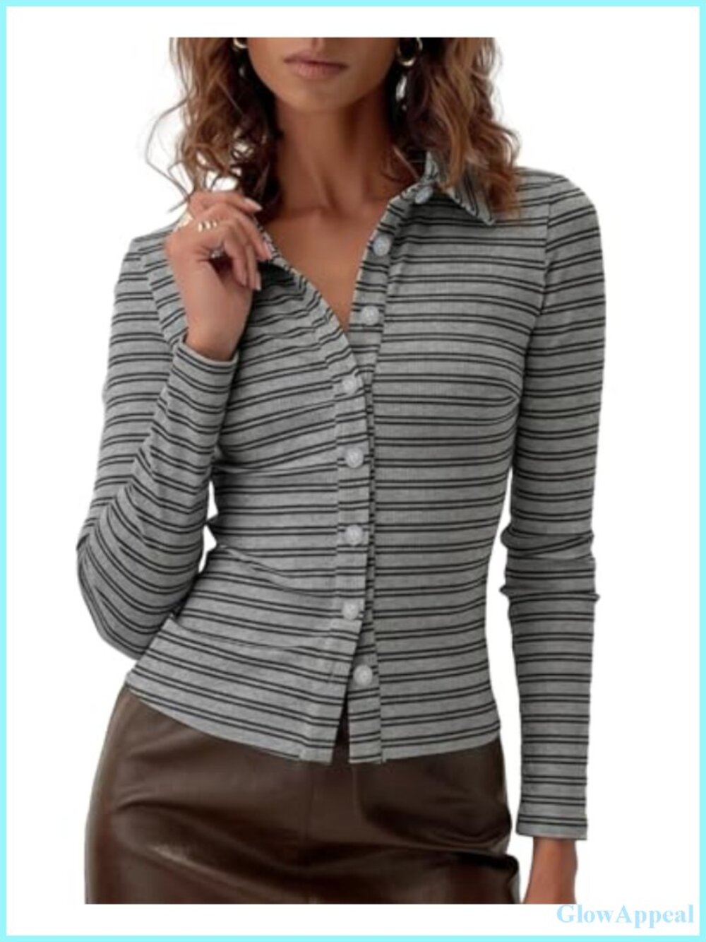Y2K Striped Long Sleeve Crop Cardigan Button Up Slim Fit Tee